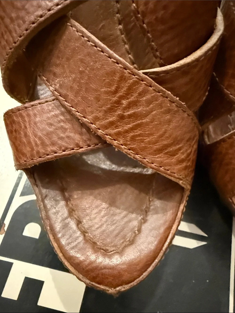 Frye Cognac Brown Leather Crisscross Wedge Sandals
